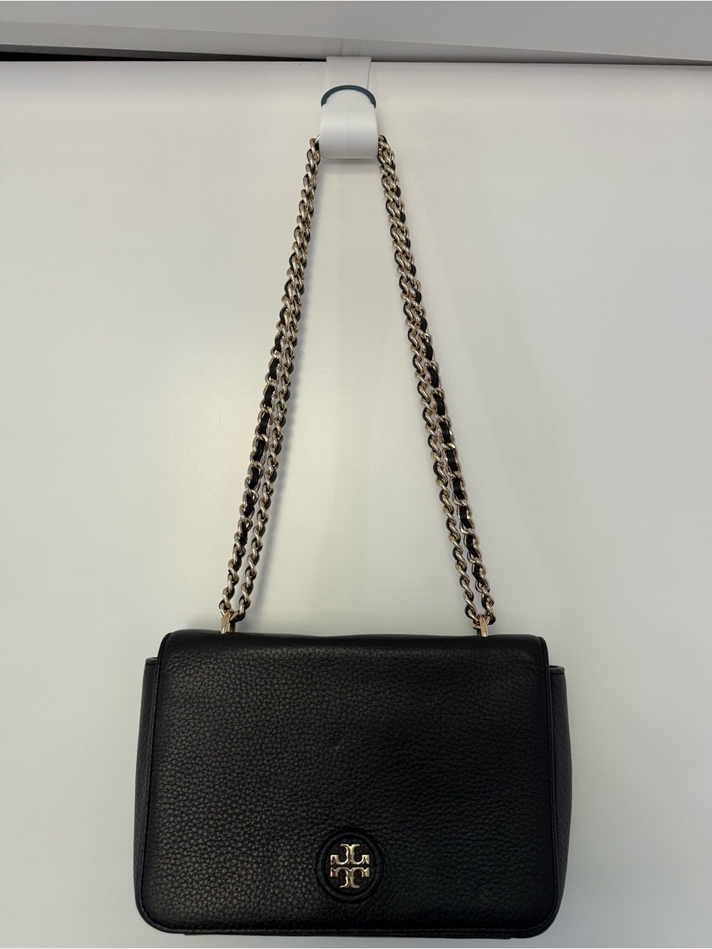 Tory Burch Black Pebbled Leather Chain Shoulder Bag with Gold-Tone Logo